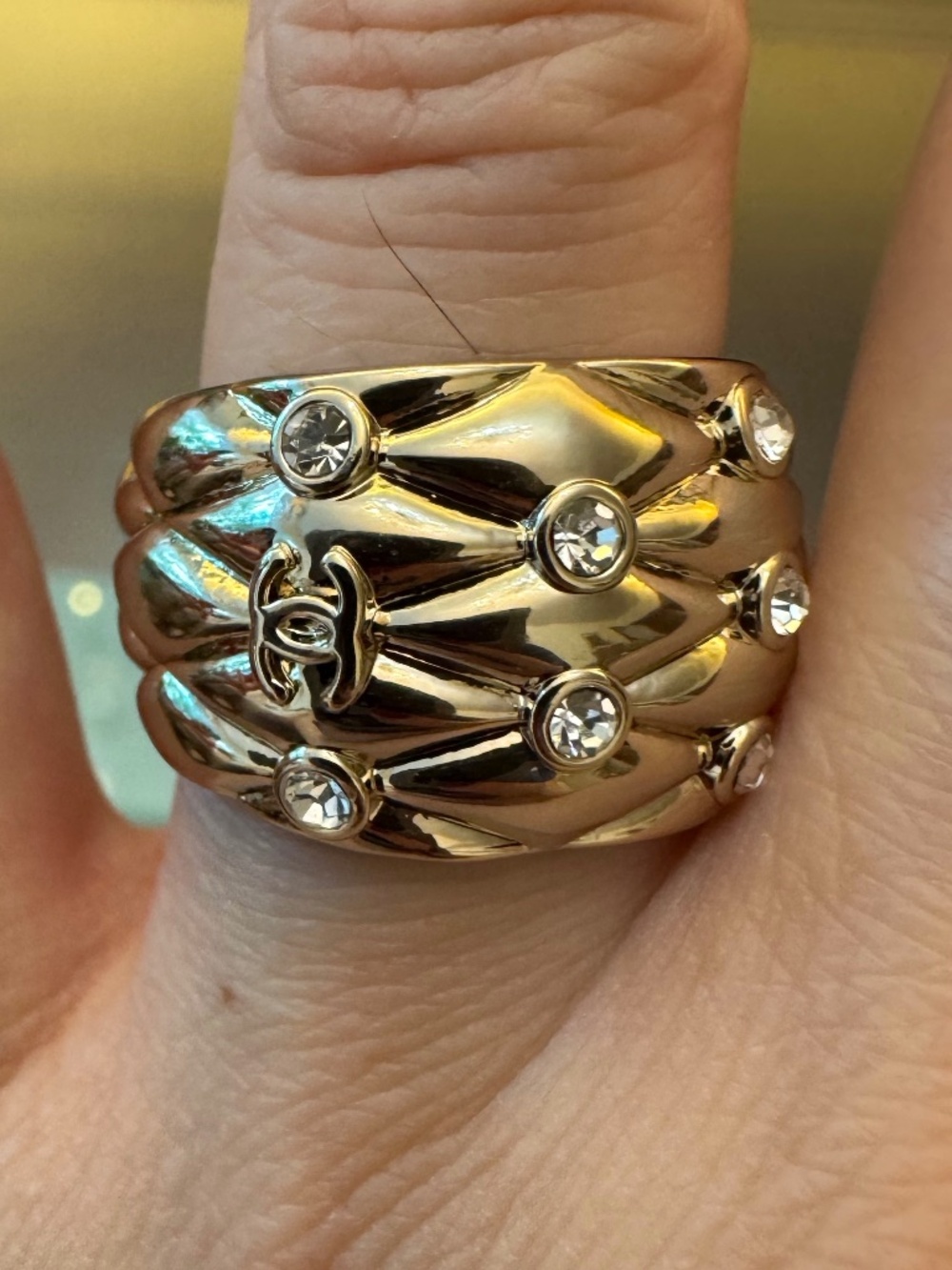 Limited Edition Classic Chanel CC Logo Strass Crystal & Gold Ring Size 6.5